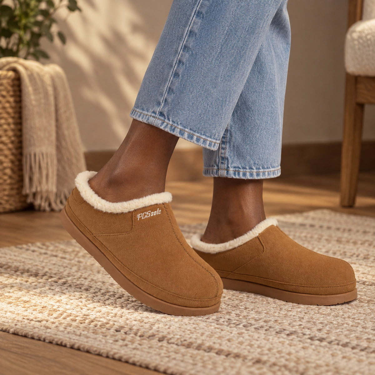 A woman wearing PCSsole tan slip-on slippers with white sherpa lining and light blue jeans