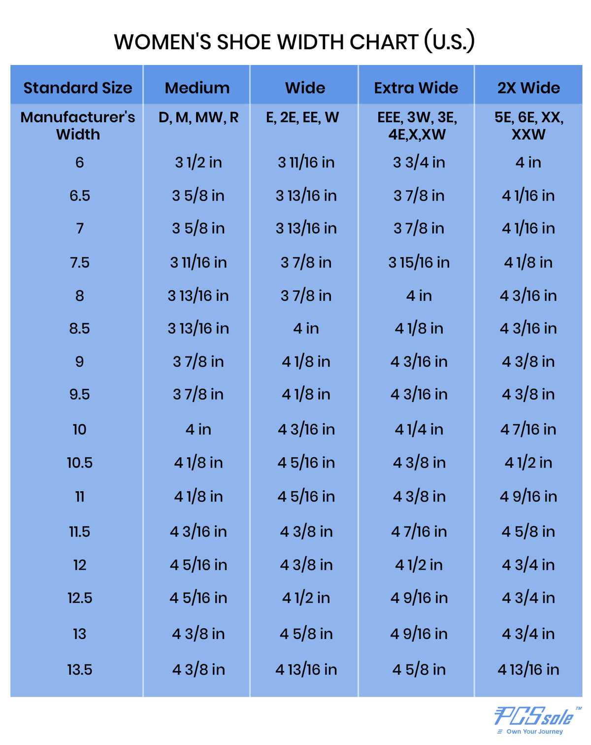 women's wide feet size chart
