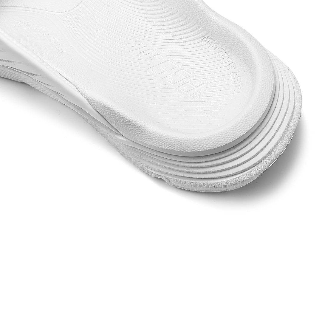 white slides with deep heel cups