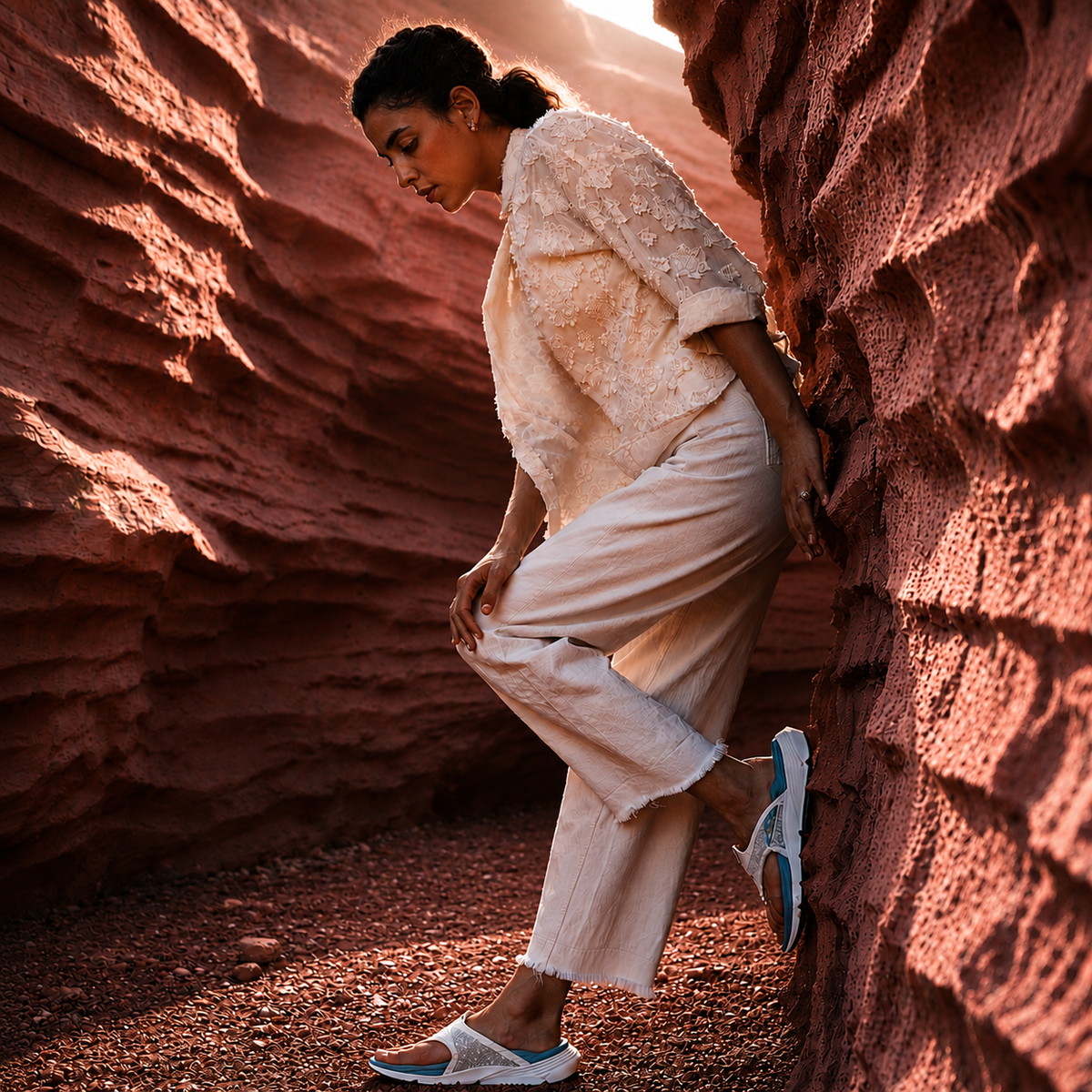 Woman wearing PCSsole recovery sandals for outdoor comfort and arch support