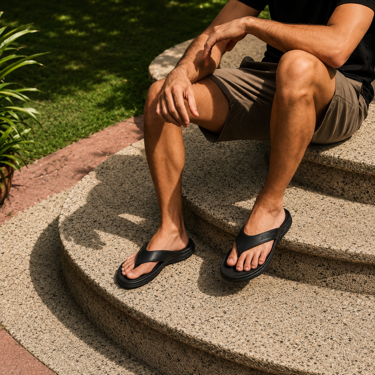 A man wearing PCSsole black recovery sandals is sitting on concrete steps outdoors