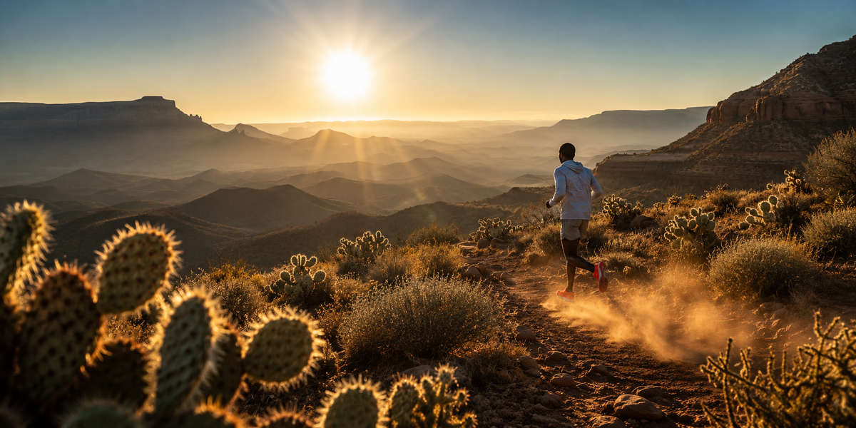 A person running on a trail in a desert landscape with cacti and mountains at sunset.