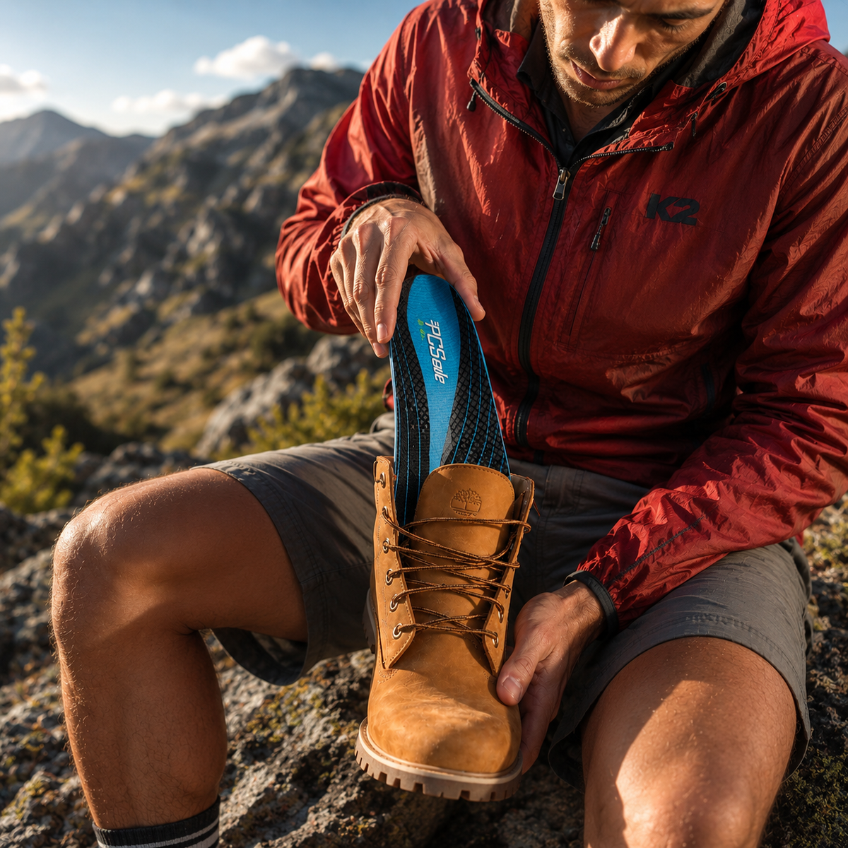 Person in red jacket sitting on a mountain, adjusting hiking boot