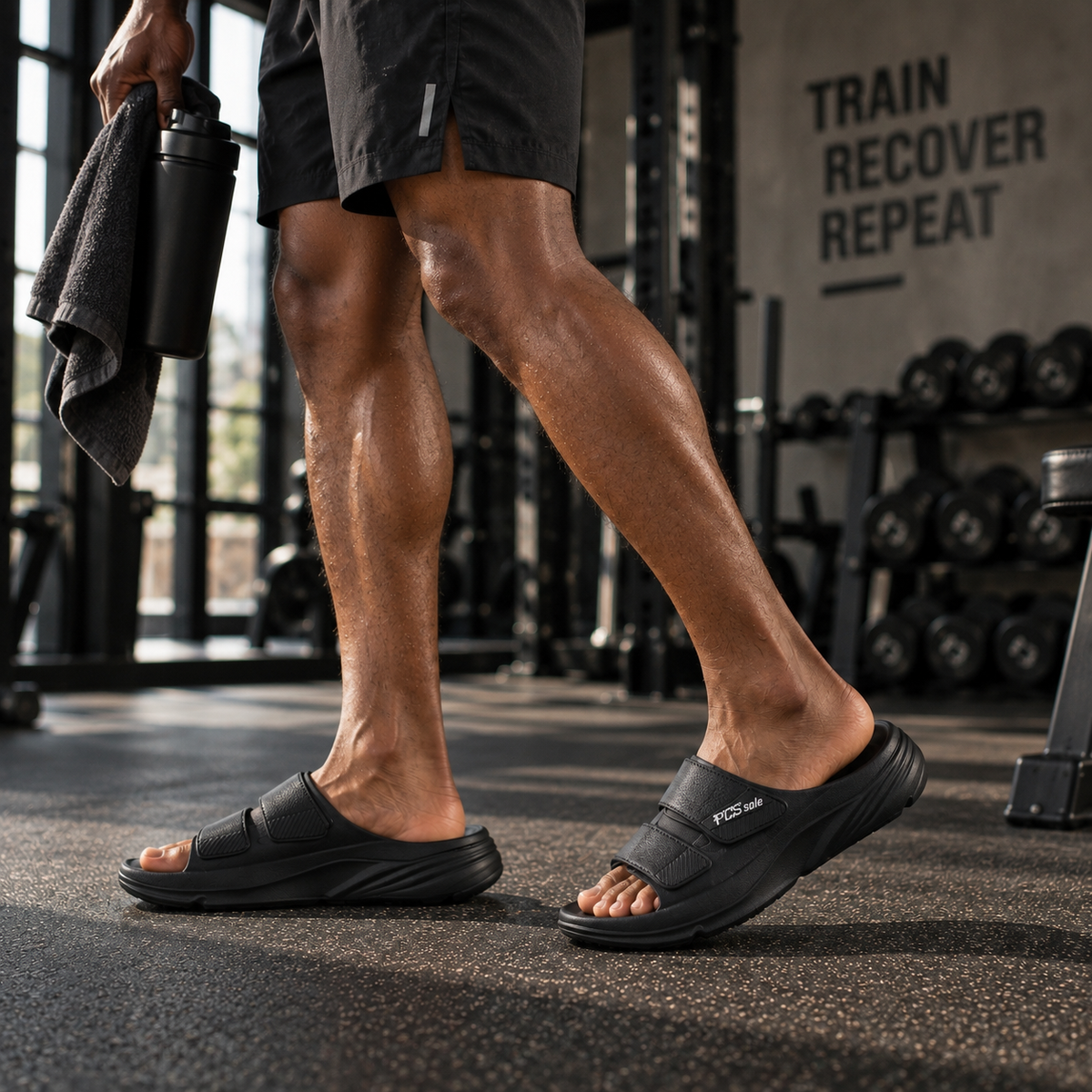 A man in a gym, wearing black slide sandals with a PCSsole logo on the strap.
