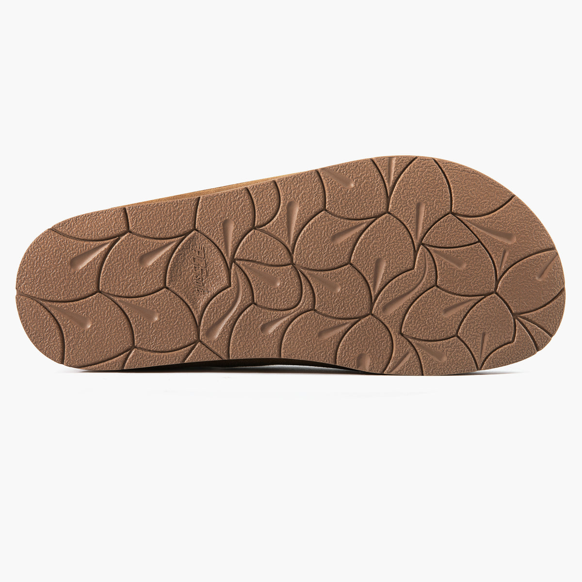 A close-up of a brown textured shoe sole with PCSsole brown suede arch support slip-on slippers