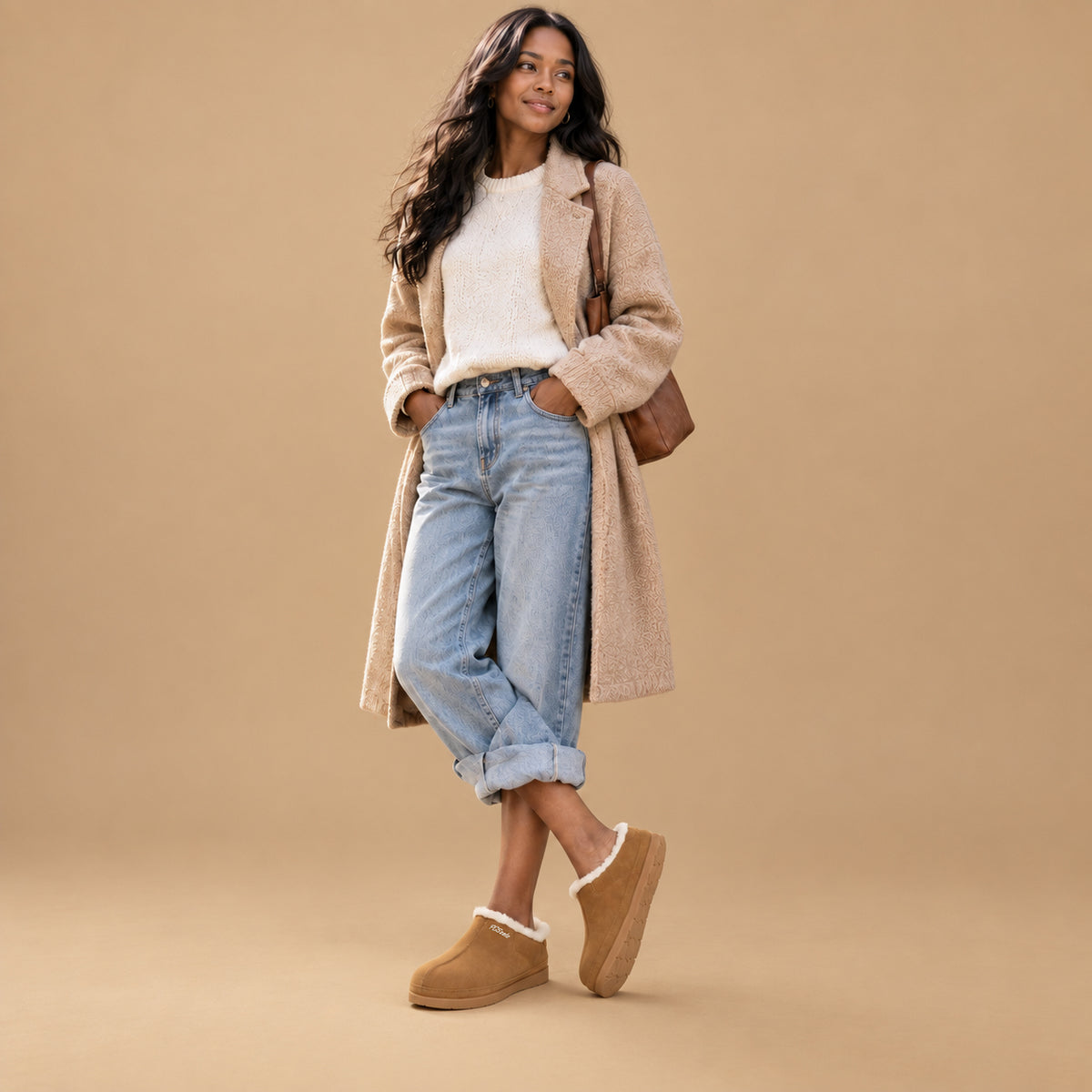 A woman wearing PCSsole brown suede arch support indoor/outdoor slippers