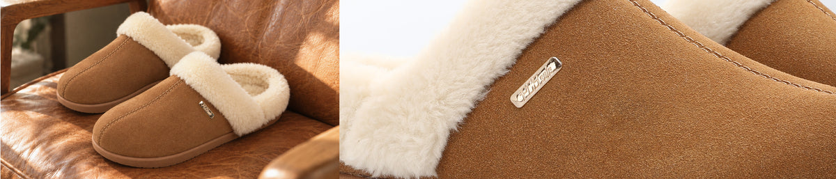 A pair of tan suede slip-on slippers with white sherpa lining, shown resting on a brown leather chair in a lifestyle setting, alongside a close-up detail of the slippers showing the brand tag 'PCSsole'.