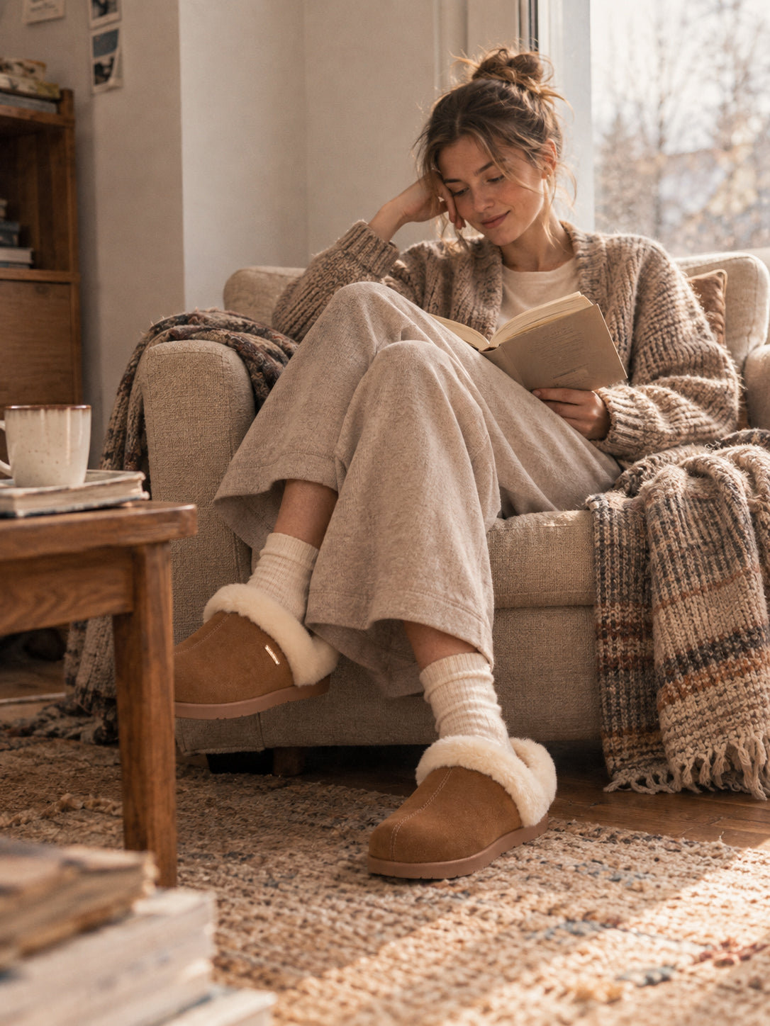 A woman wearing a chunky knit cardigan, beige lounge pants, white socks, and PCSsole brown slip-on slippers with white faux-fur trim.