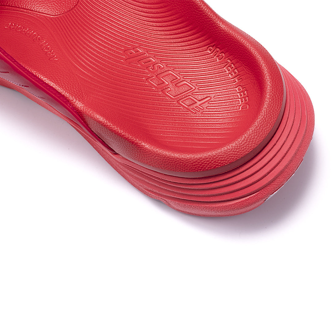 crimson red slides with deep heel cups