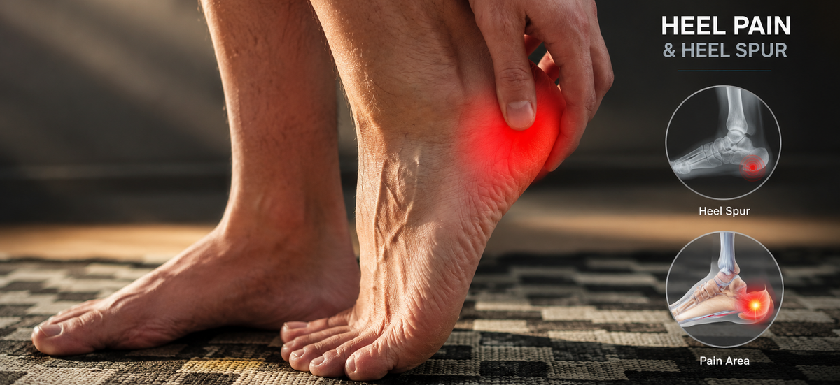 Person holding their heel with heel pain and heel spur highlighted.