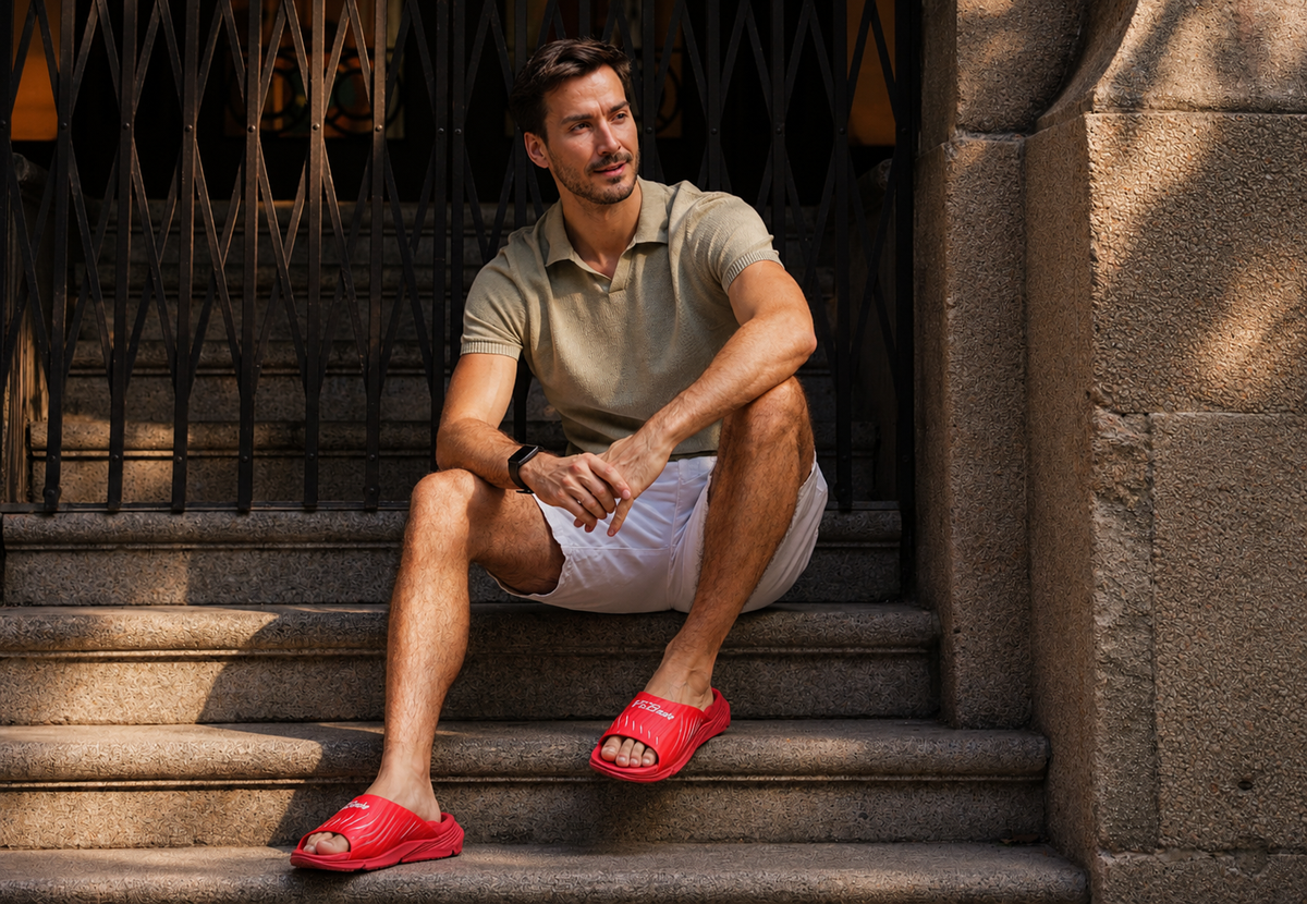 A man sitting on stone steps wearing PCSsole crimson red arch support slides.