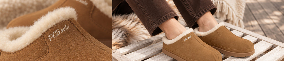 PCSsole Brown suede slip-on slippers with white sherpa lining